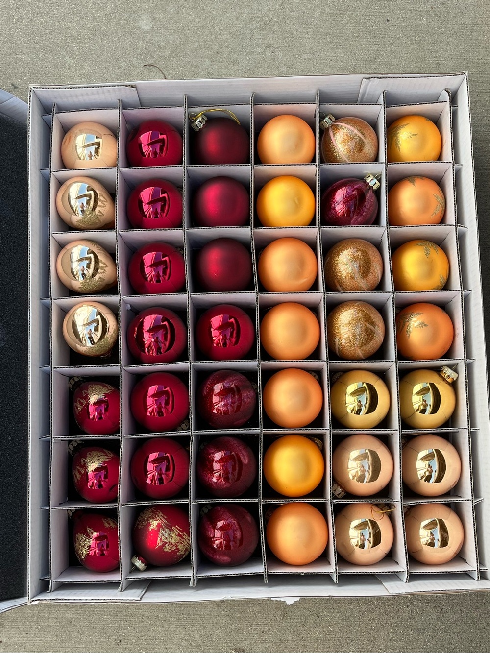 VTG Christmas Set of 42 Assorted Red, Orange & Gold Ornaments in Storage Box